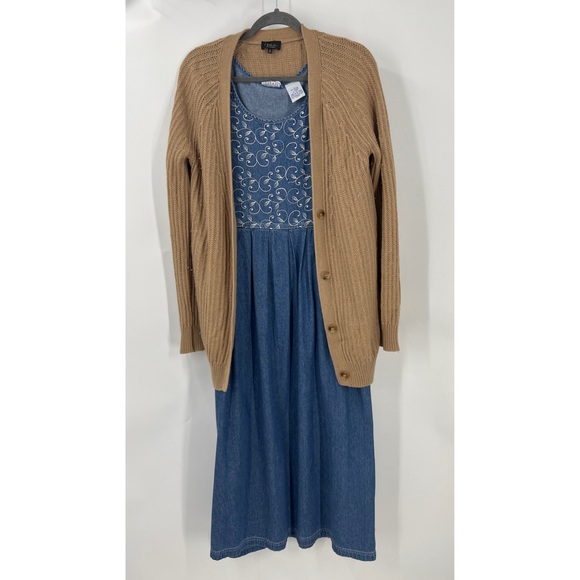 Erika & Co vintage Blue leaf/floral embroidered, Embellished midi denim dress - Picture 6 of 9